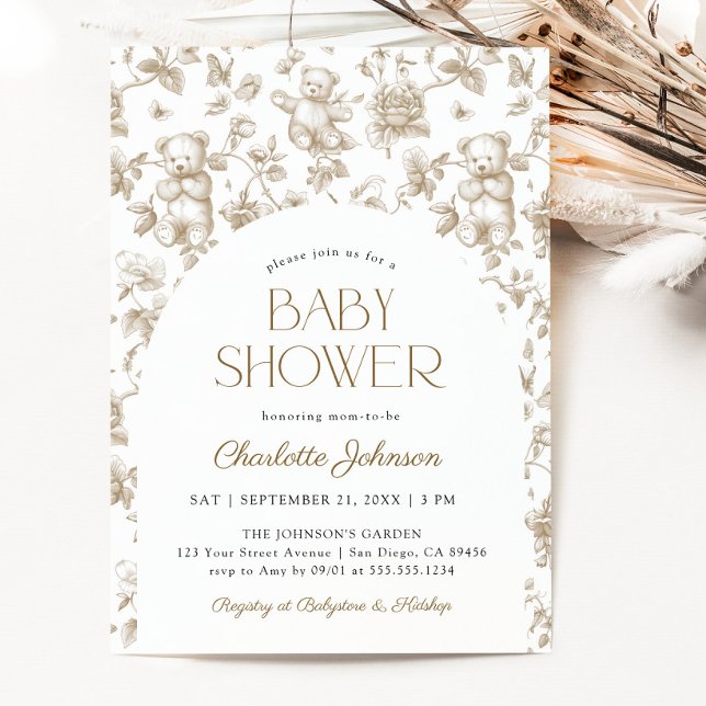 Invitation Toile de Jouy pour ours en peluche neutre pour les (Gender Neutral Teddy Bear Toile de Jouy Invitation)