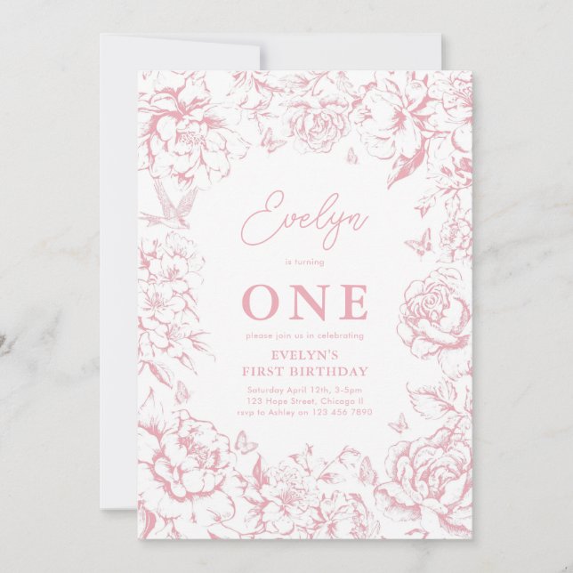 Invitation Toile de Jouy Rose Floral Girl 1er anniversaire (Devant)