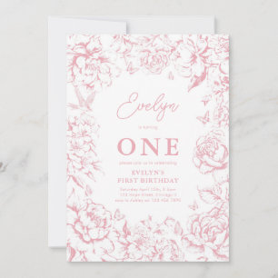 Invitation Toile de Jouy Rose Floral Girl 1er anniversaire