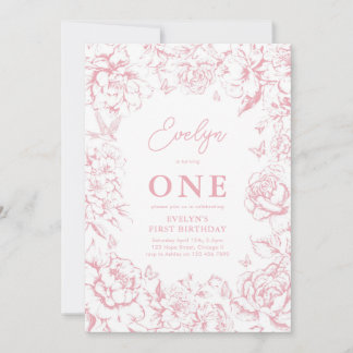 Invitation Toile de Jouy Rose Floral Girl 1er anniversaire