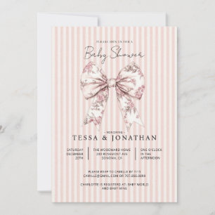 Invitation Toile De Jouy Rose Ruban Rayures Baby Shower