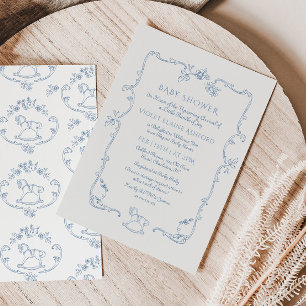 Invitation Toile de Jouy vintage Baby shower à cadre de jouet