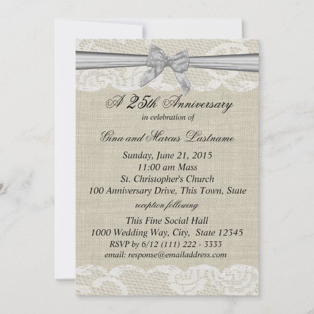 Invitation Toile de jute et dentelle avec Ruban Argent 25ème  (Devant)