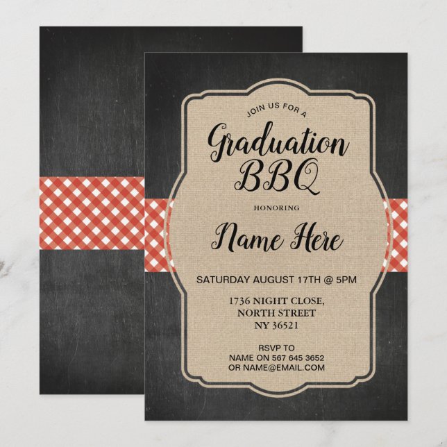 Invitation Toile de jute rouge de guingan d'invitation de BBQ (Devant / Derrière)
