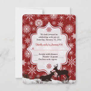 Invitation Toile de jute rouge rustique, flocons de neige, fa