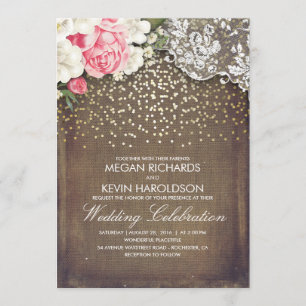 Invitation Toile de jute rustique et mariage rose d'or de