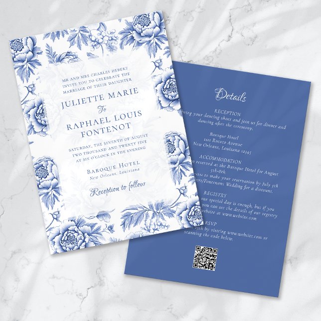 Invitation Toile de Porcelaine Bleue Floral tout en un Mariag (Créateur téléchargé)