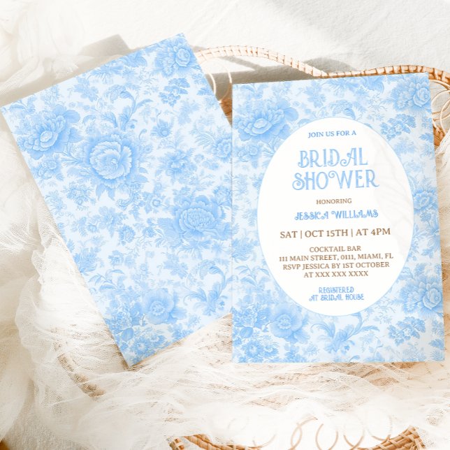 Invitation Toile Florale Bleue Fête des mariées française (Créateur téléchargé)