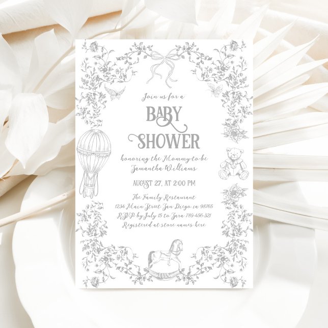 Invitation Toile Français Élégant Gris Neutre Baby shower (Créateur téléchargé)