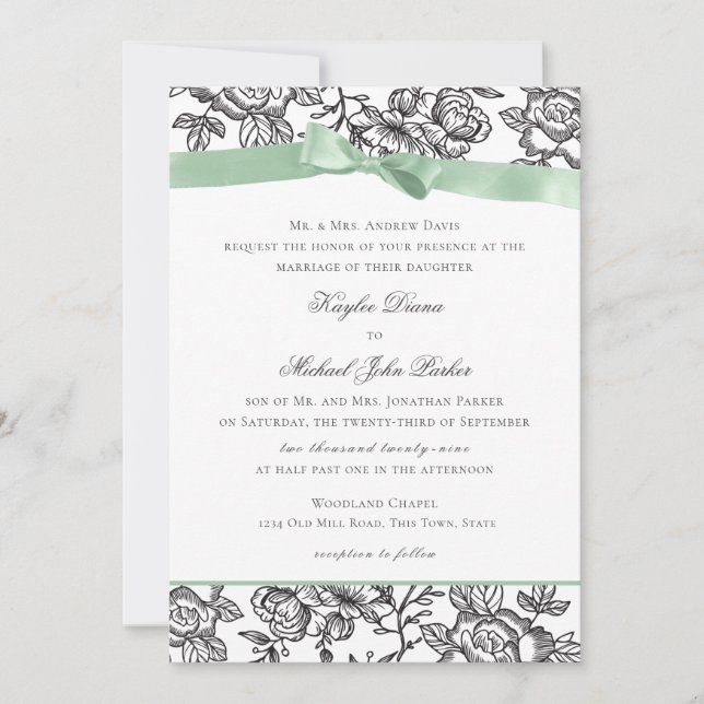 Invitation Toile française et Sage Green Bow (Devant)