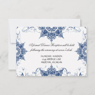 Invitation Toile Marine en blanc Damask Swirl Mariage Récepti