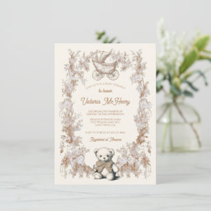 Invitation Toile Neutral Teddy Bear Baby shower de transport