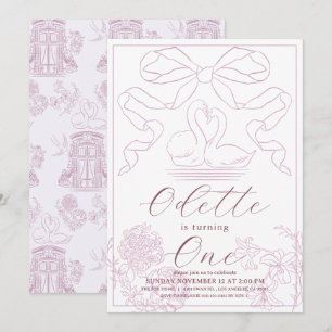 Invitation Toile rose cygne de Jouy Fille 1er anniversaire
