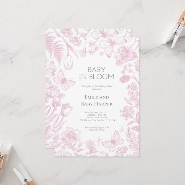 Invitation Toile rose de Jouy Baby en Baby shower de fleurs (Devant/Arrière en situation)