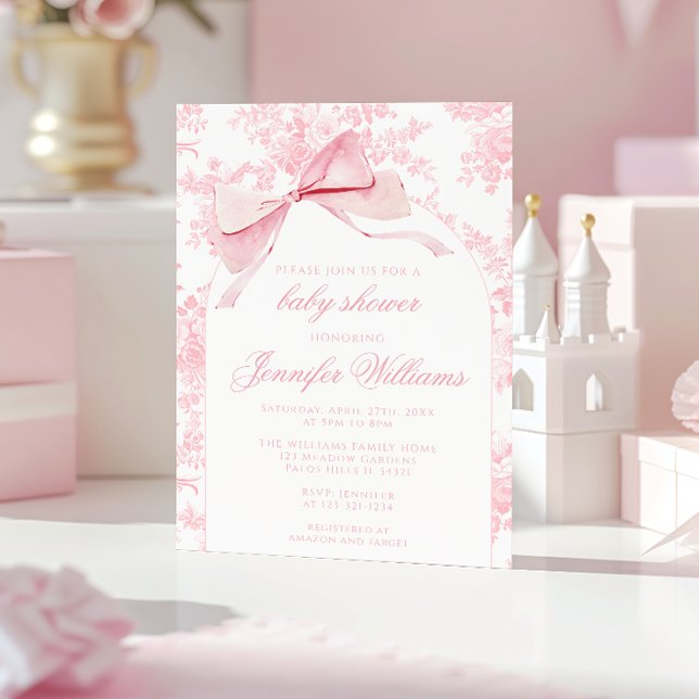 Invitation Toile rose française Floral Bow Boho Baby Girl Dou (Créateur téléchargé)