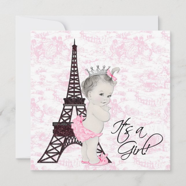 Invitation Toile rose Paris Baby Girl Douche (Devant)