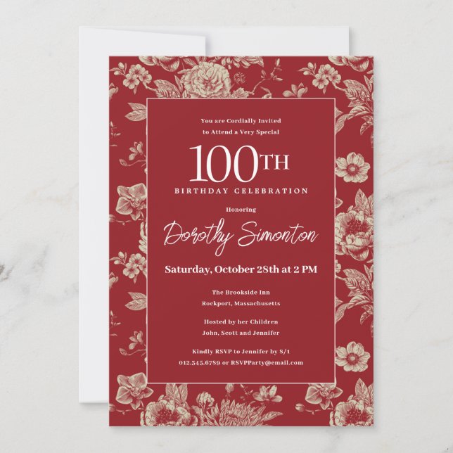 Invitation Toile rouge foncé Floral 100e fête d'anniversaire  (Devant)