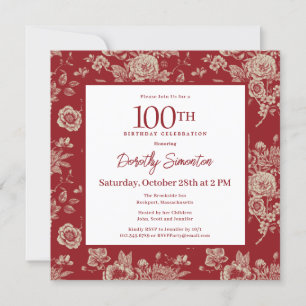 Invitation Toile rouge foncé Floral 100e fête d'anniversaire
