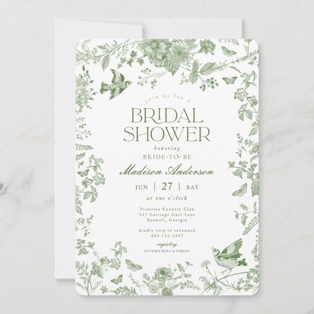 Invitation Toile Verte De Jouy Fête des mariées Florale Vinta (Devant)