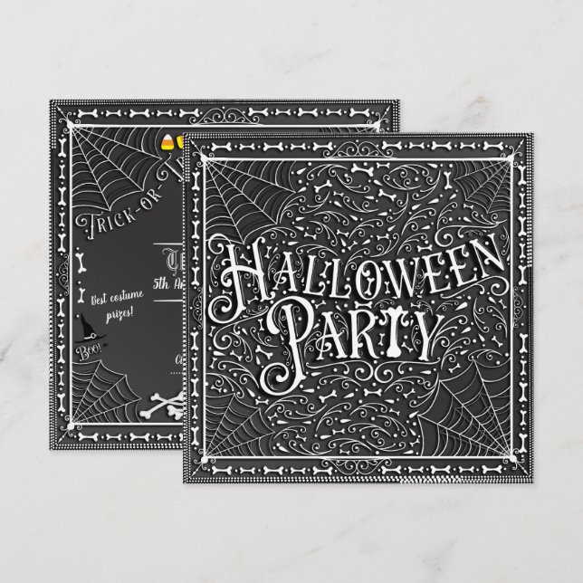 Invitation Toiles d'araignées et os de la fête d'Halloween no (Devant / Derrière)