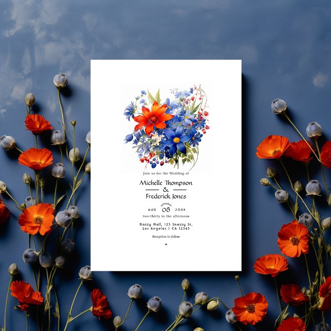 Invitation Tomate de cerise et Mariage Royal Blue Floral (Créateur téléchargé)