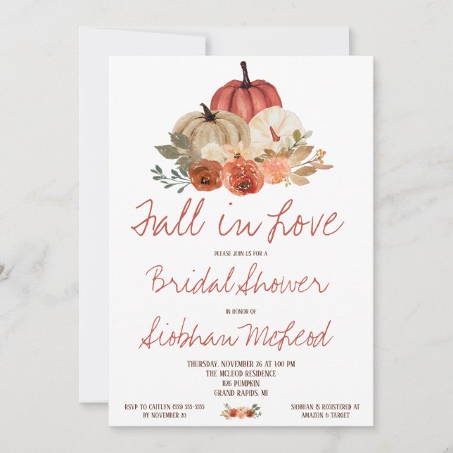 Invitation Tombe en amour, Automne Citrouille Fête des mariée (Devant)