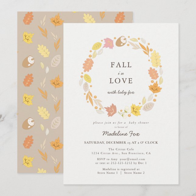 Invitation Tombe en amour Baby shower de couronne d'automne (Devant / Derrière)