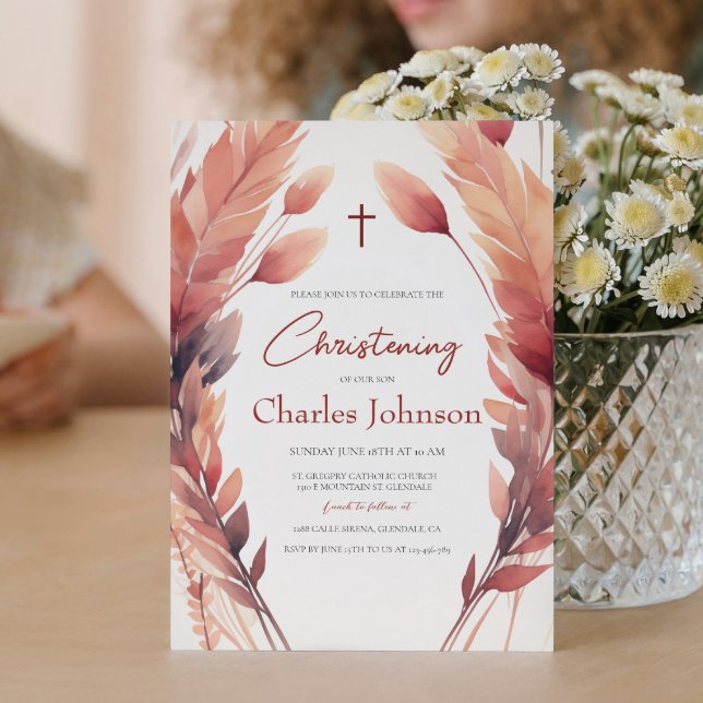 Invitation Tombe Feuilles et plumes Fils Christening (Créateur téléchargé)