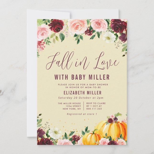 Invitation tomber amoureux baby shower floral bordeaux roux (Devant)