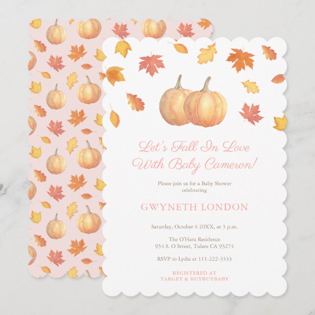 Invitation Tomber Dans L'Amour Citrouille Baby shower Feuille (Devant / Derrière)