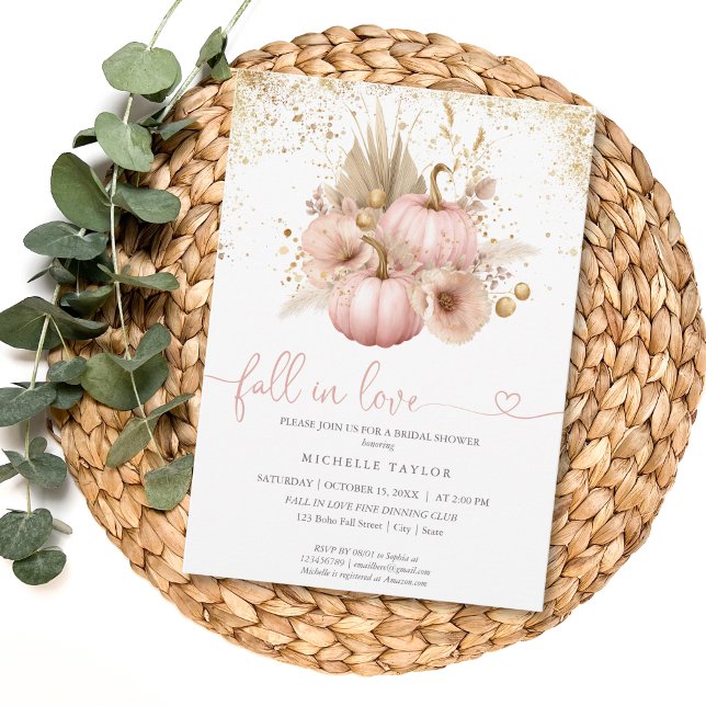 Invitation Tomber dans l'amour Fête des mariées Boho Flowers  (blush pink boho pumpkin with gold glitter)