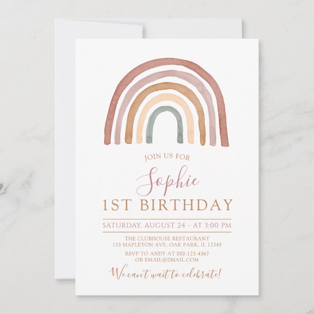Invitation Tones Mutées Boho Rainbow Girls 1er anniversaire (Devant)