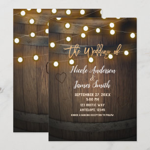 Invitation Tonneau en bois sculpté cœur et lumières mariage r