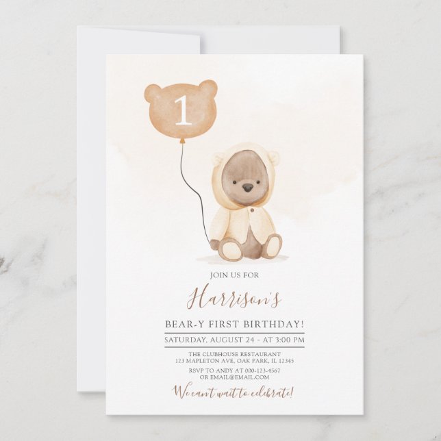 Invitation Tons muets Teddy Bear Beary Premier anniversaire (Devant)