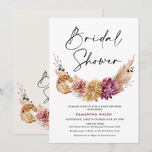 Invitation Tons Naturels Couleur Plum Boho Fête des mariées F (Devant / Derrière)