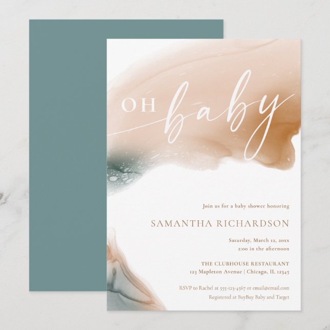 Invitation Tons terre moderne beige turquoise tan OH baby sho (Devant / Derrière)
