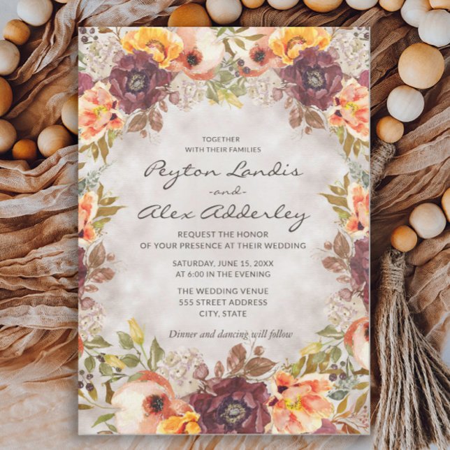 Invitation Tons Terres Romantiques Automne Automne Floral Mar (Rust and orange watercolor floral wedding invitation for fall weddings)