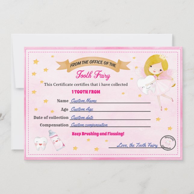 Invitation Tooth Fairy Certificate - Lost Tooth Receipt (Devant)