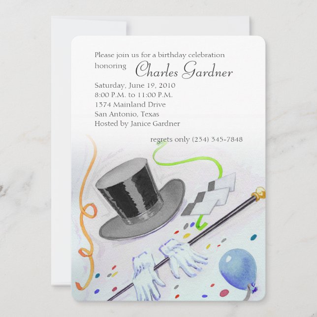 Invitation Top Hat Cane et Gants Anniversaire (Devant)