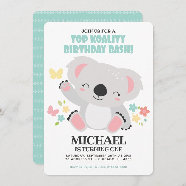 Invitation Top Koality Baby Koala Anniversaire (Devant / Derrière)