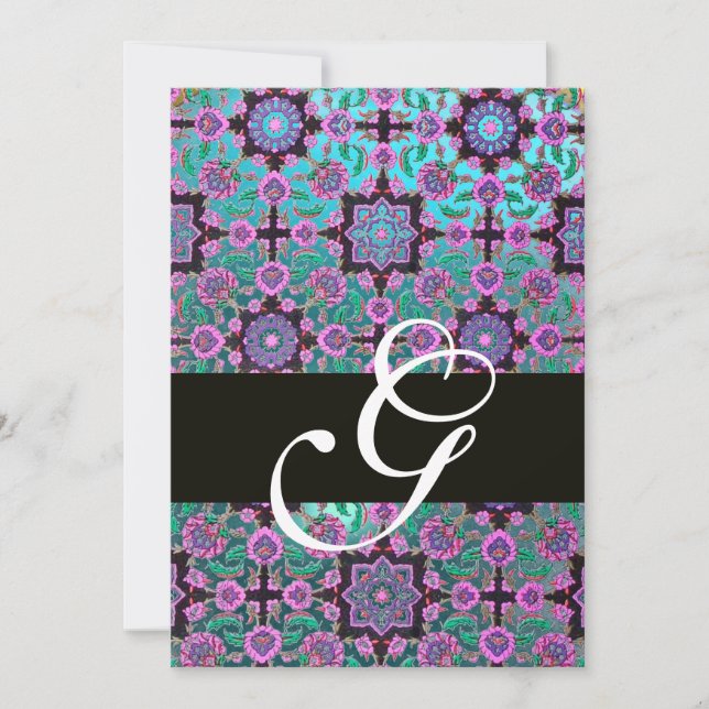 Invitation TOPKAPI BLUE BLACK DAMASK MONOGRAM rose vert (Devant)
