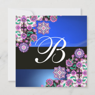 Invitation TOPKAPI BLUE BLACK DAMASK MONOGRAM rose violet