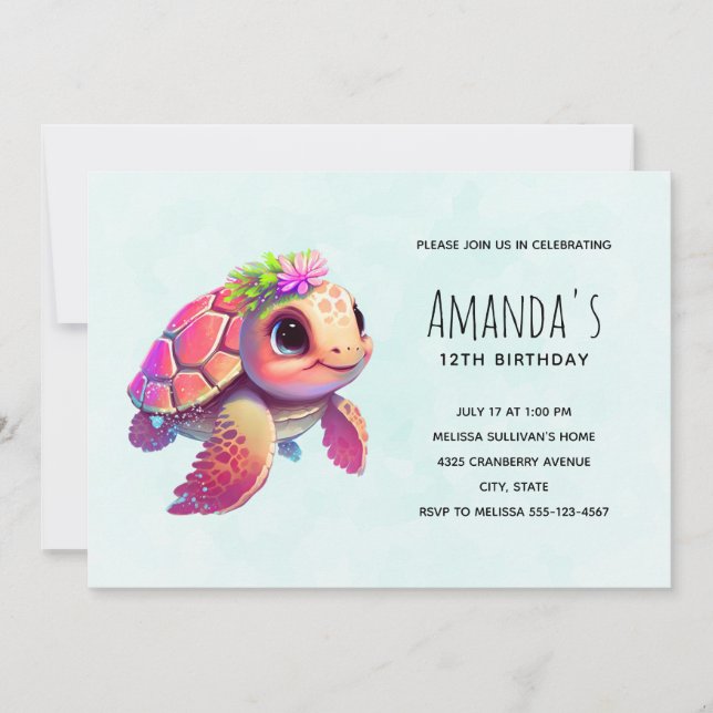 Invitation Tortue de mer rose Whimsical & mignon Anniversaire (Devant)