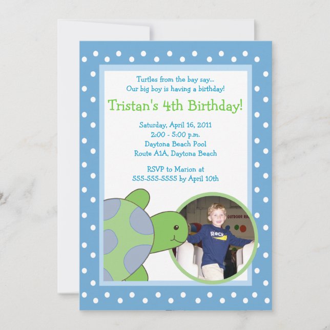 Invitation Tortue de tortue de mer BLUE *PHOTO* Anniversaire  (Devant)