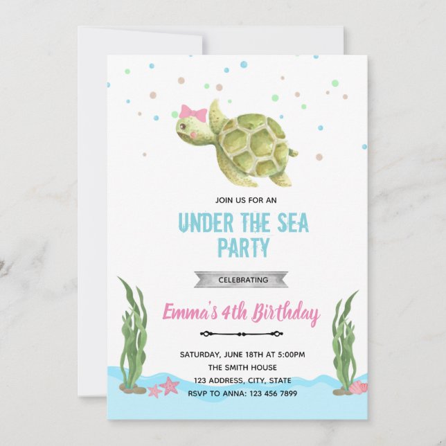 Invitation tortue fille sous la mer (Devant)