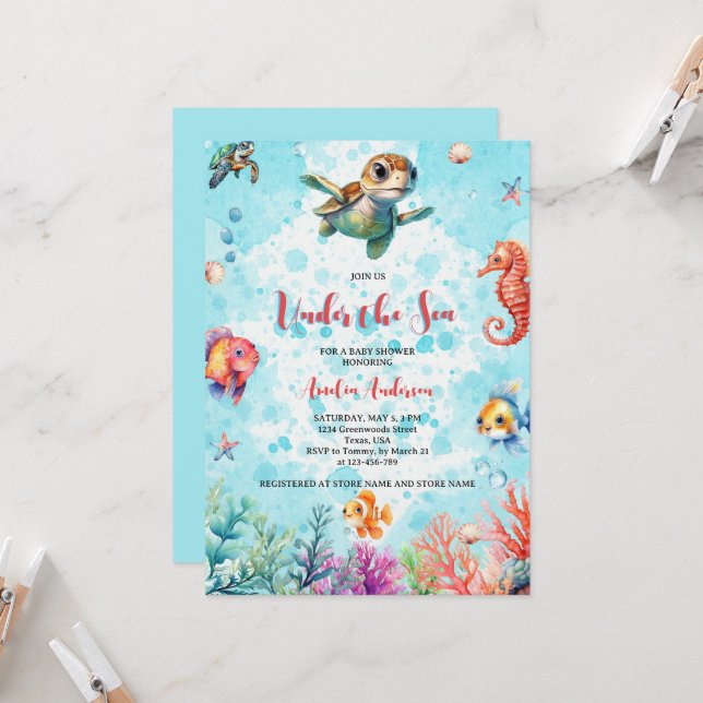 Invitation Tortue mignonne sous la mer Créatures Baby shower (Devant/Arrière en situation)