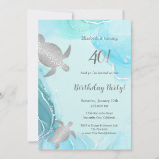 Invitation Tortues de mer argentées |  Encre bleue | Annivers