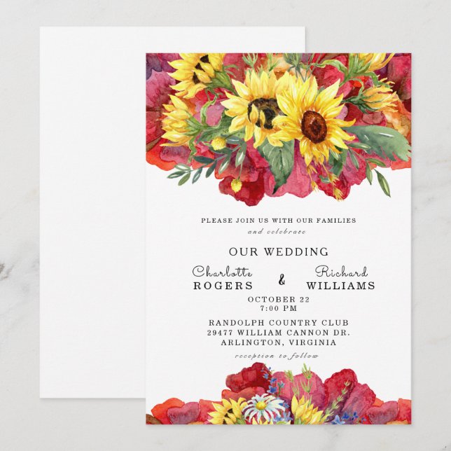 Invitation Toscane Jaune et Vibrant Rouge Bold Mariage floral (Devant / Derrière)