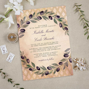 Invitation Toscane treillis d'or et Branches d'olive Mariage