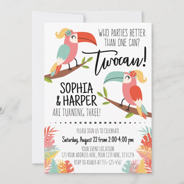 Invitation Toucan Anniversaire Soeurs Fille Twocan (Devant)